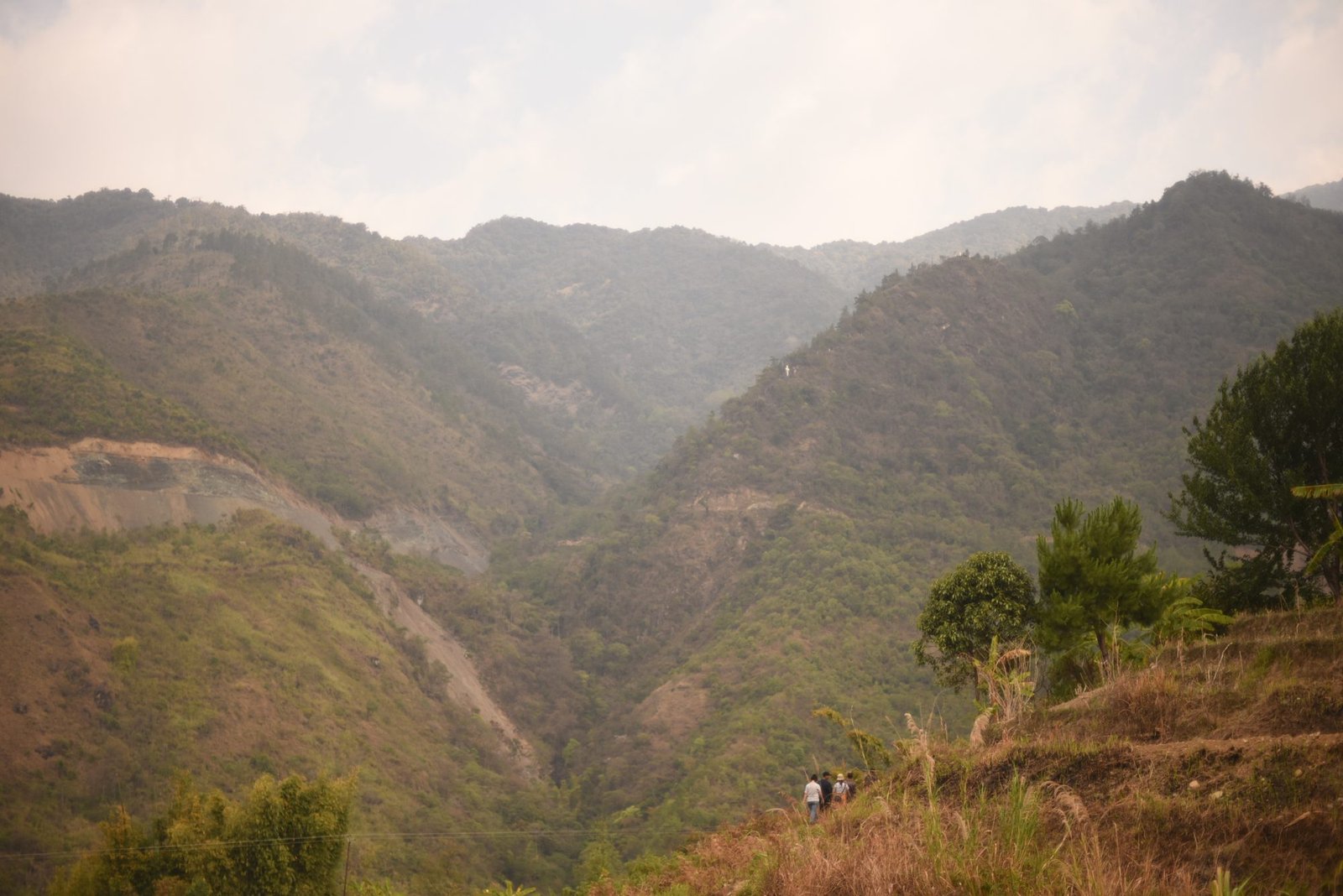 A field team walking a ridge above a forested valley in Tseminyu District