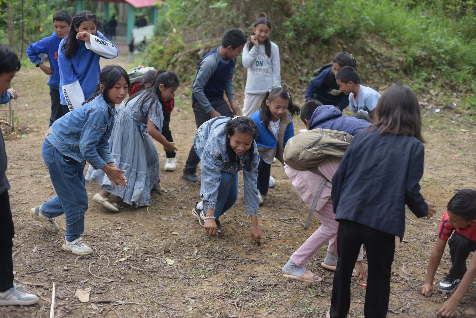 Children searching the forest floor for leaves, seeds, and insects